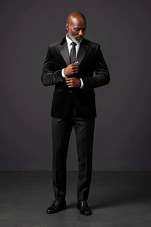 black velvet sport jacket with a satin trim on the lapel