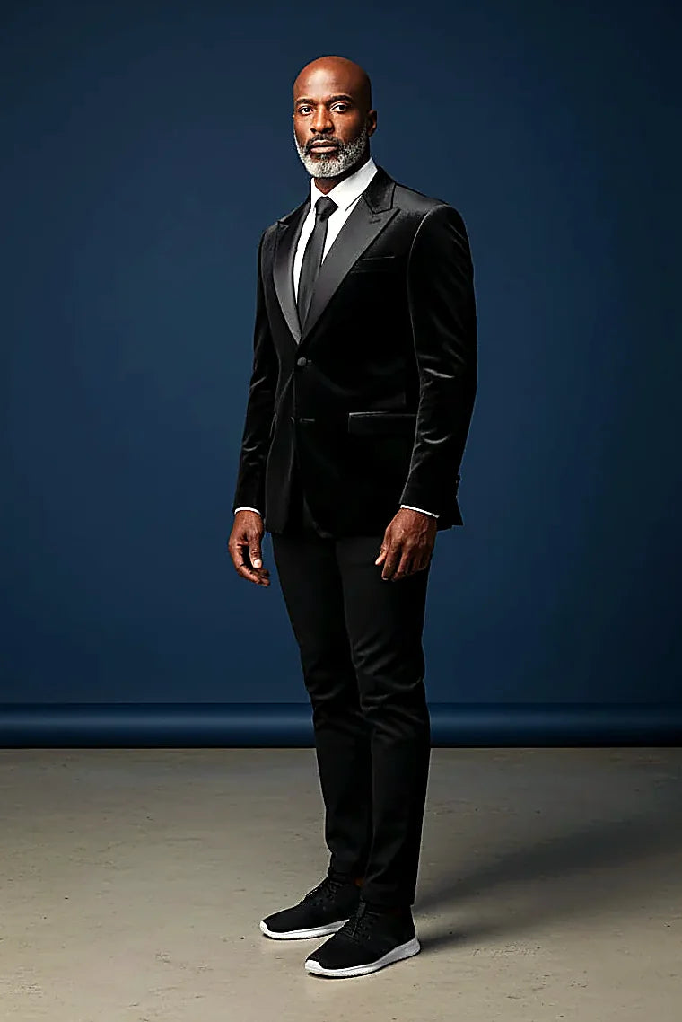 satin trim running along a black velvet collar and edges, on this black Velvet Sport Jacket