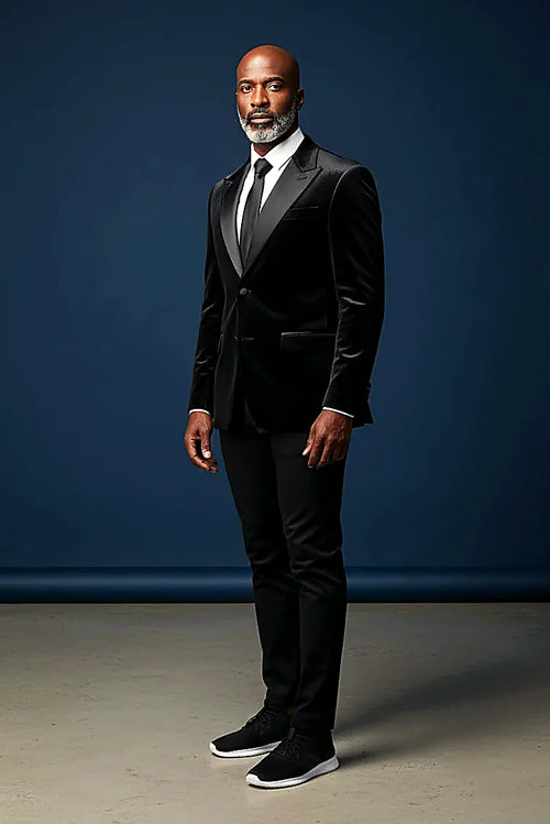 satin trim running along a black velvet collar and edges, on this black Velvet Sport Jacket