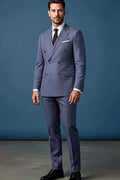 Charcoal Textured Double-Breasted Blazer — a subtle grid weave carrying metallic thread accents
