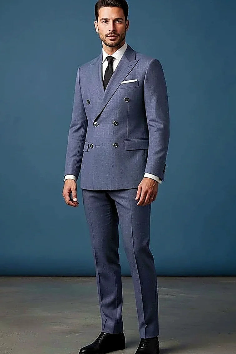 Charcoal Textured Double-Breasted Blazer — a subtle grid weave carrying metallic thread accents