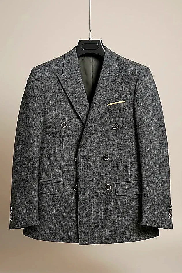 Charcoal Textured Double-Breasted Blazer showing a subtle grid weave carrying metallic thread accents