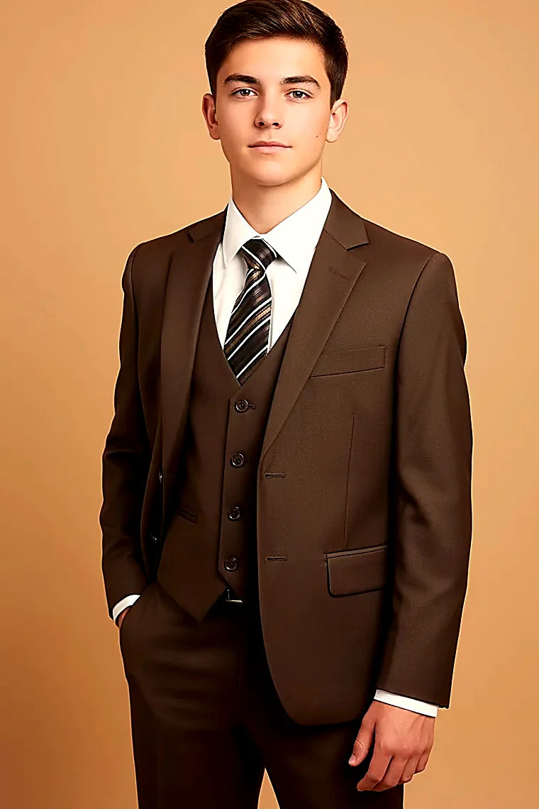a boys formal set of blazer, vest, pants, shirt and patterned tie, on this boys Chocolate Brown Five-Piece Formal Suit Set