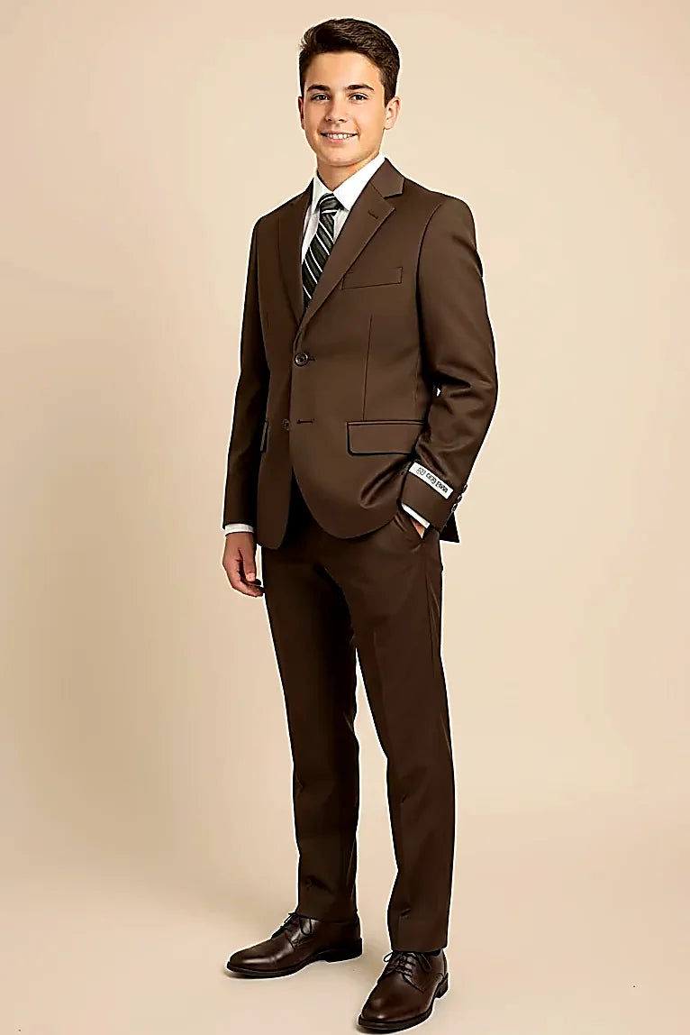 Boys Chocolate Brown Five-Piece Formal Suit Set — a boys formal set of blazer, vest, pants, shirt and patterned tie