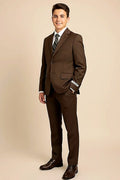Boys Chocolate Brown Five-Piece Formal Suit Set — a boys formal set of blazer, vest, pants, shirt and patterned tie
