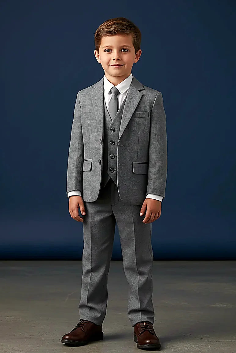 Boys Charcoal Grey Three-Piece Suit Set — a boys three-piece set in charcoal with shirt and tie