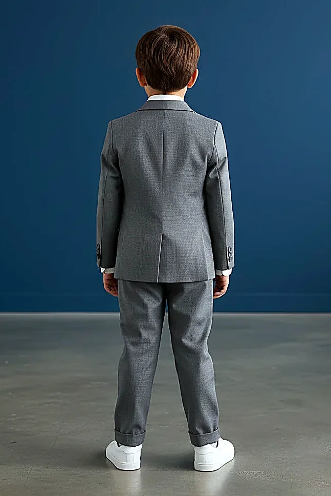 Boys Charcoal Grey Three-Piece Suit Set showing a boys three-piece set in charcoal with shirt and tie