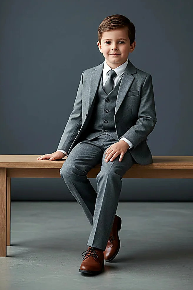 a boys three-piece set in charcoal with shirt and tie, on this boys Charcoal Grey Three-Piece Suit Set