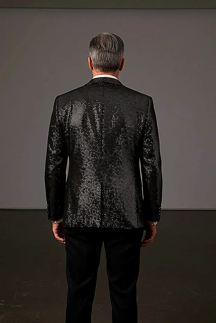 Brown Metallic Polka-Dot Velvet Blazer showing brown metallic glitter over velvet carrying a snake pattern