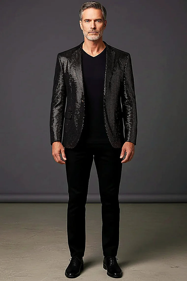 Brown Metallic Polka-Dot Velvet Blazer — brown metallic glitter over velvet carrying a snake pattern