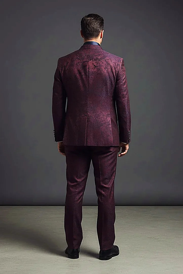 a deep midnight satin panel set against burgundy jacquard, on this burgundy Jacquard Suit