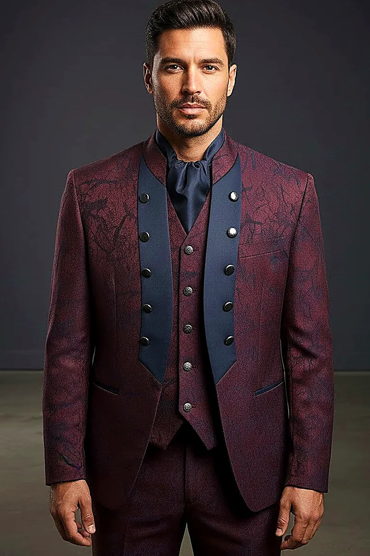 Burgundy Jacquard Mandarin Collar Suit with Satin Contrast Panel