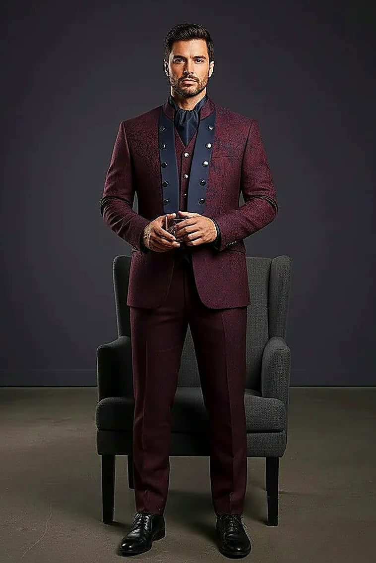 Burgundy Jacquard Suit — a deep midnight satin panel set against burgundy jacquard
