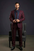 Burgundy Jacquard Suit — a deep midnight satin panel set against burgundy jacquard