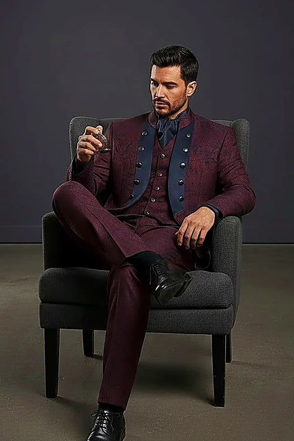 a deep midnight satin panel set against burgundy jacquard