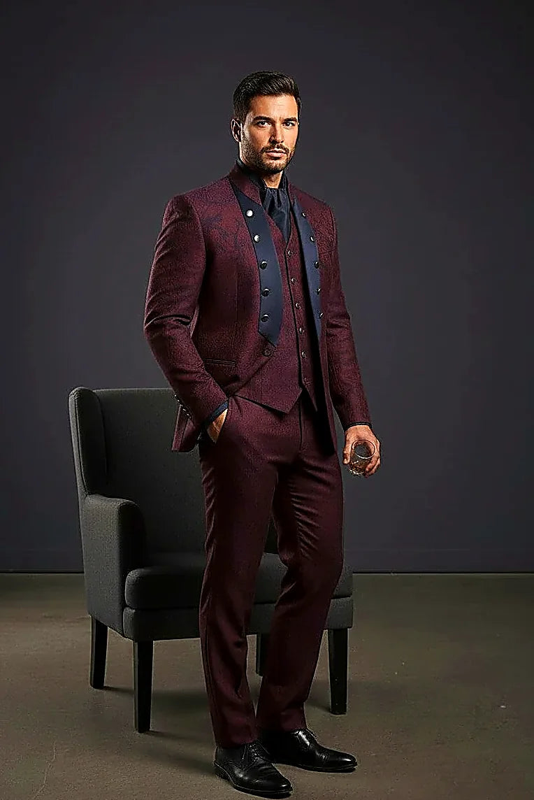 Burgundy Jacquard Mandarin Collar Suit with Satin Contrast Panel