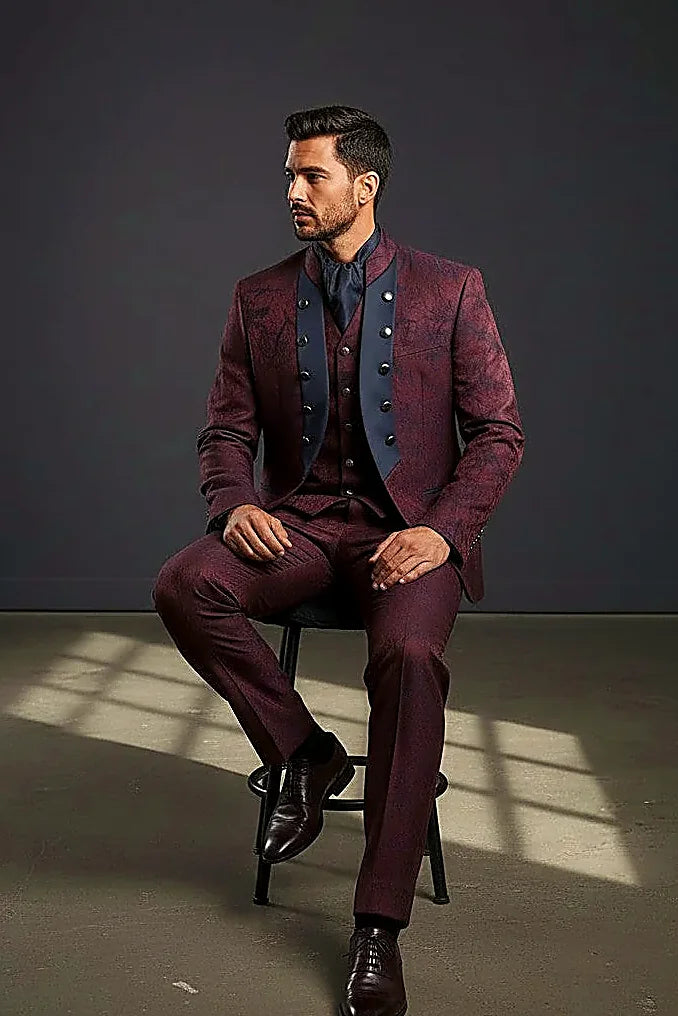 Burgundy Jacquard Suit showing a deep midnight satin panel set against burgundy jacquard