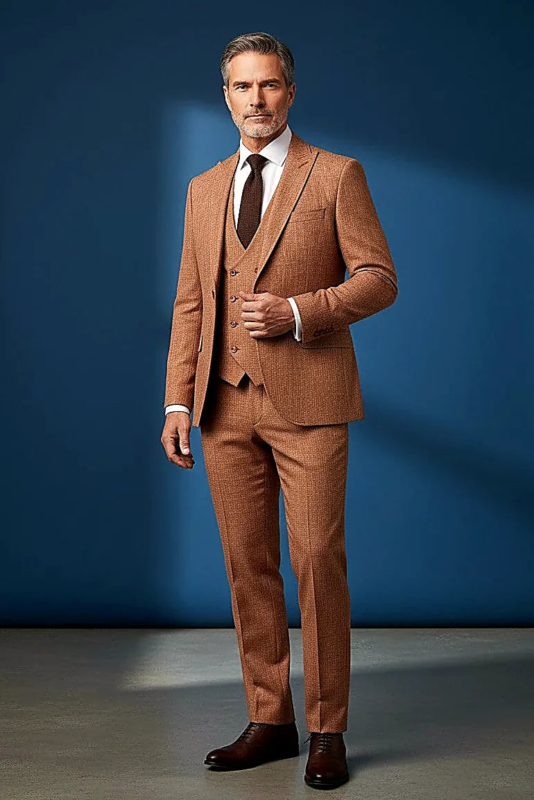 Burgundy Three-Piece Suit showing rich burgundy cloth with a refined drape