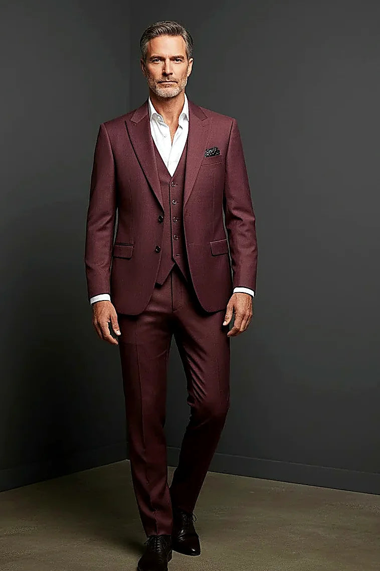Burgundy Three-Piece Suit — rich burgundy cloth with a refined drape