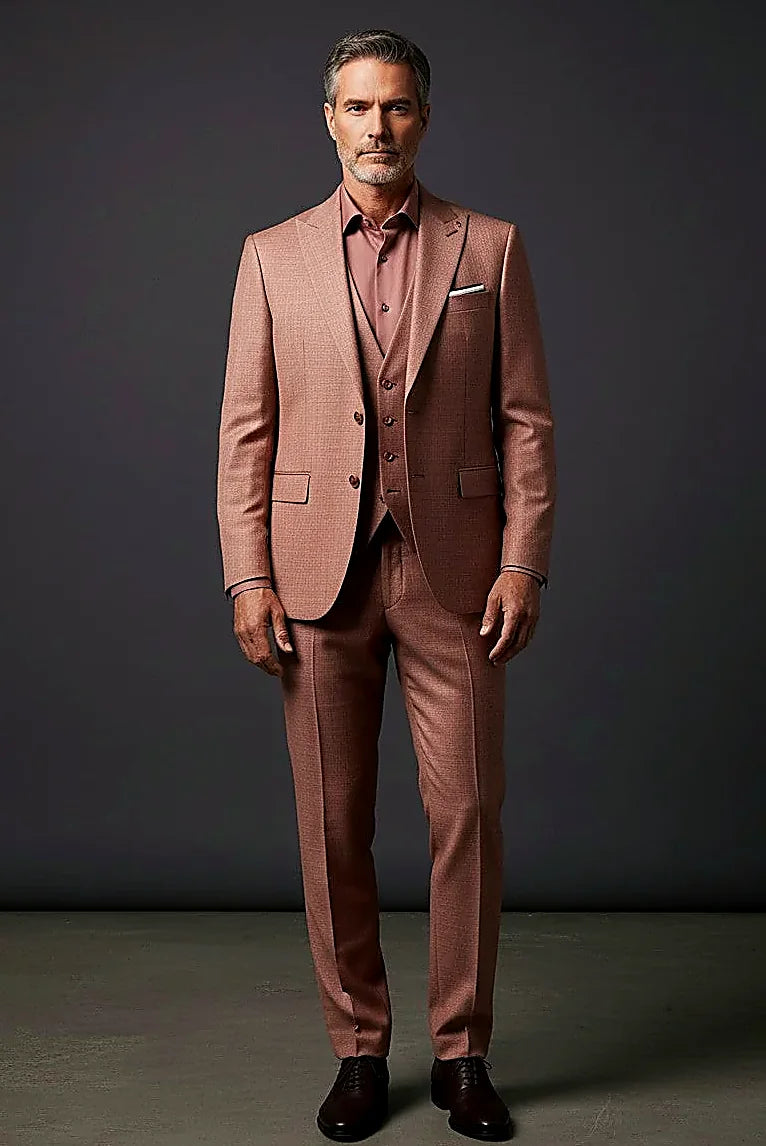 rich burgundy cloth with a refined drape, on this burgundy Three-Piece Suit