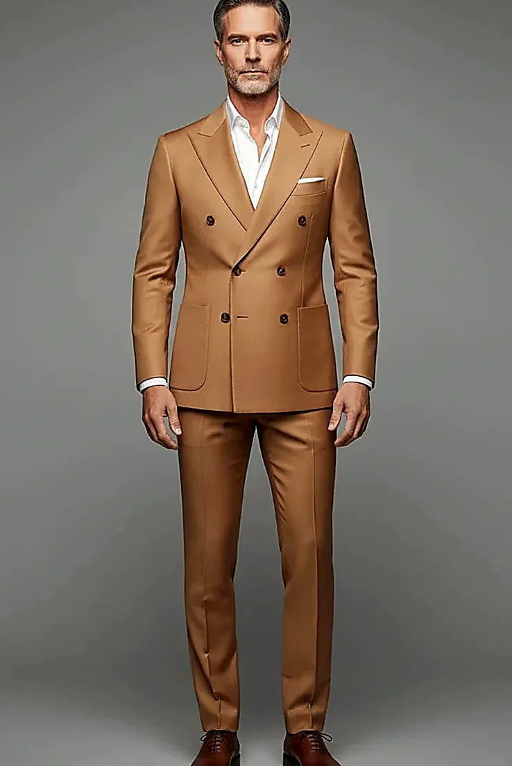 a soft camel tone under a structured six-button front, on this camel Double-Breasted Suit