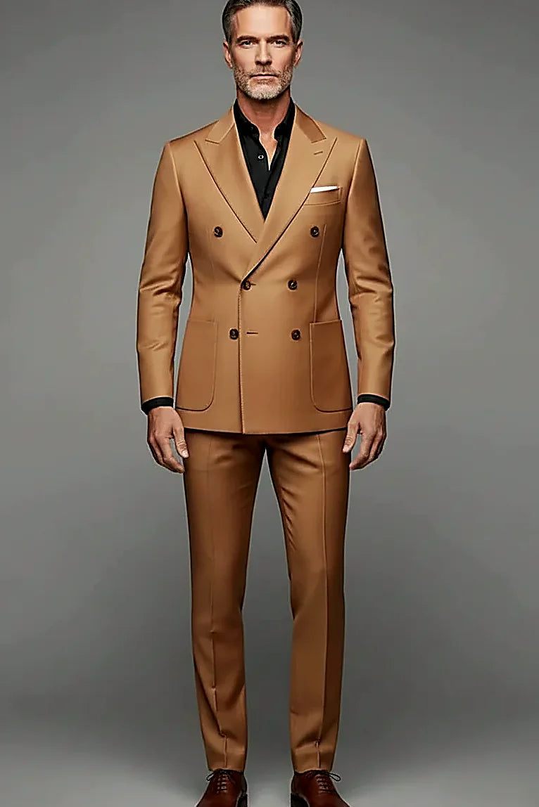 Camel Double-Breasted Suit — a soft camel tone under a structured six-button front