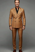 Camel Double-Breasted Suit — a soft camel tone under a structured six-button front
