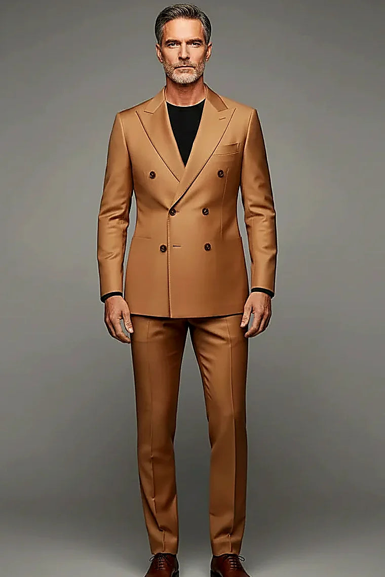 a soft camel tone under a structured six-button front