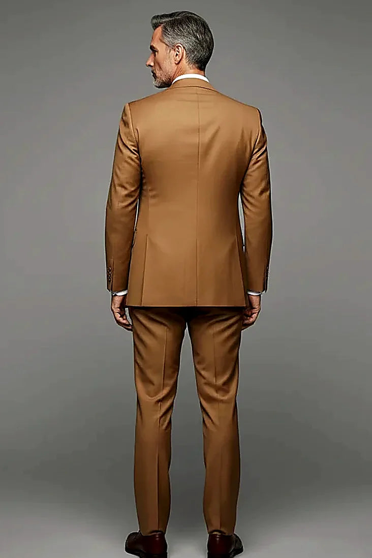 Camel Double-Breasted Suit showing a soft camel tone under a structured six-button front