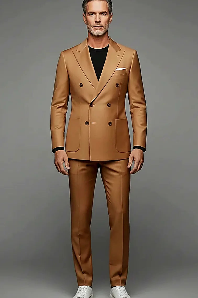 Camel Double-Breasted Peak Lapel Suit