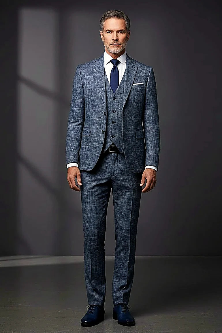 Charcoal Gray Chambray Three-Piece Suit — heathered chambray detailing in a luxe wool-silk blend