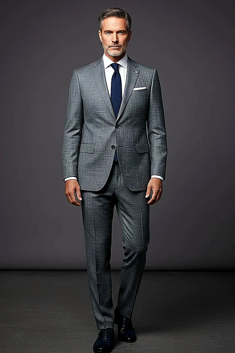 Charcoal Gray Chambray Three-Piece Suit showing heathered chambray detailing in a luxe wool-silk blend