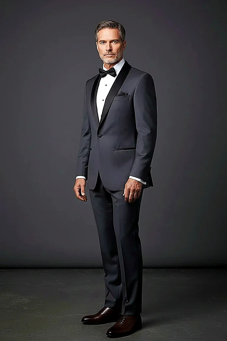 Charcoal Suit with Velvet Collar — a velvet collar set against flat charcoal cloth
