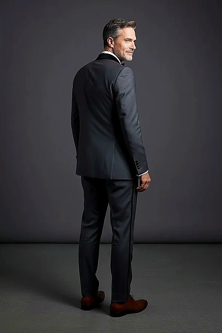 Charcoal Suit with Velvet Collar showing a velvet collar set against flat charcoal cloth