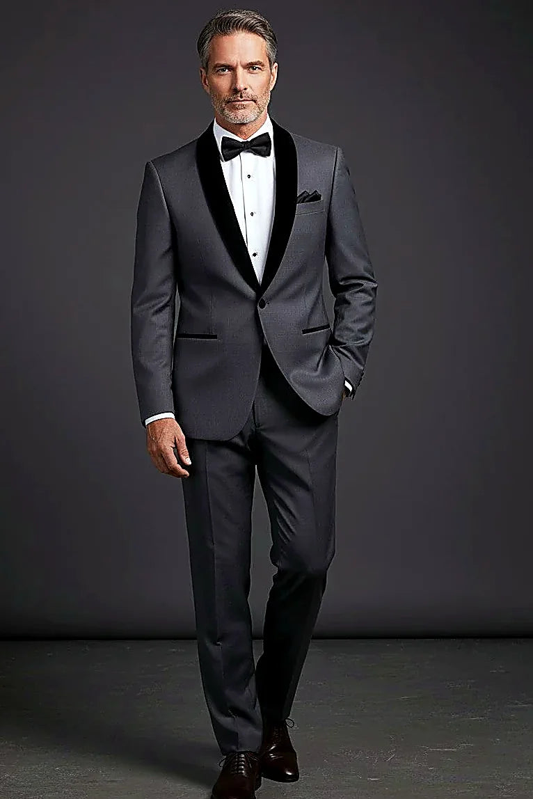 a velvet collar set against flat charcoal cloth, on this charcoal Suit with Velvet Collar