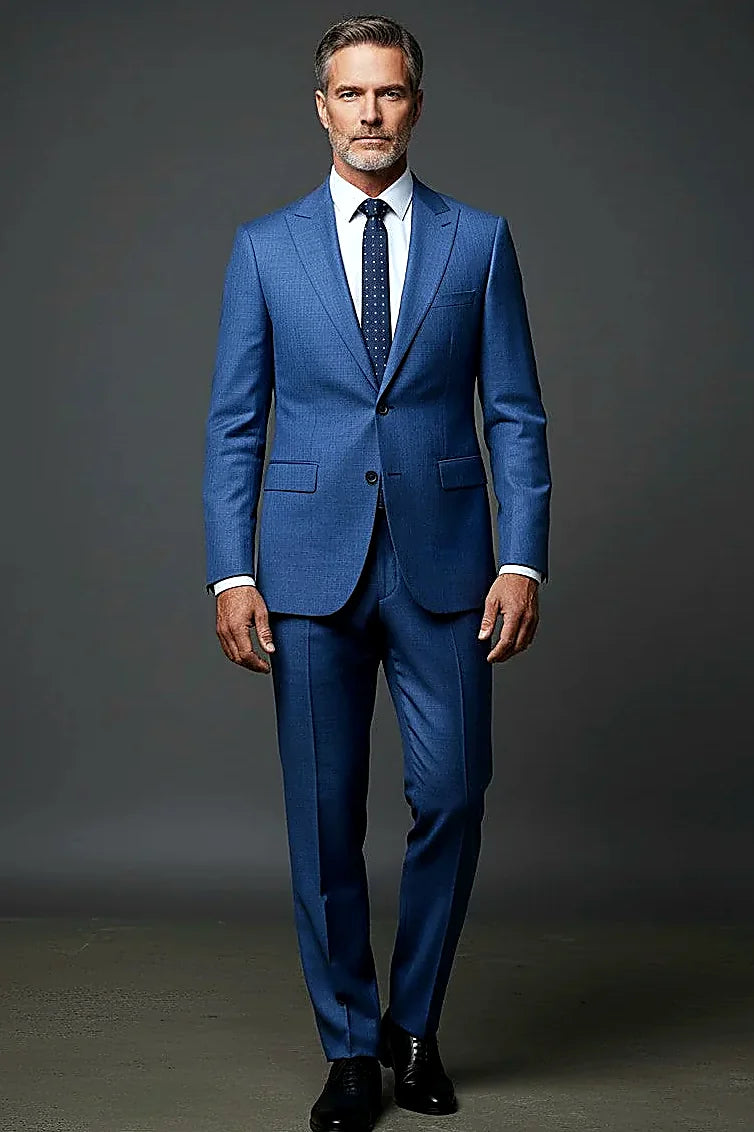 Blue Textured Two-Piece Suit — textured blue cloth with structured shoulders