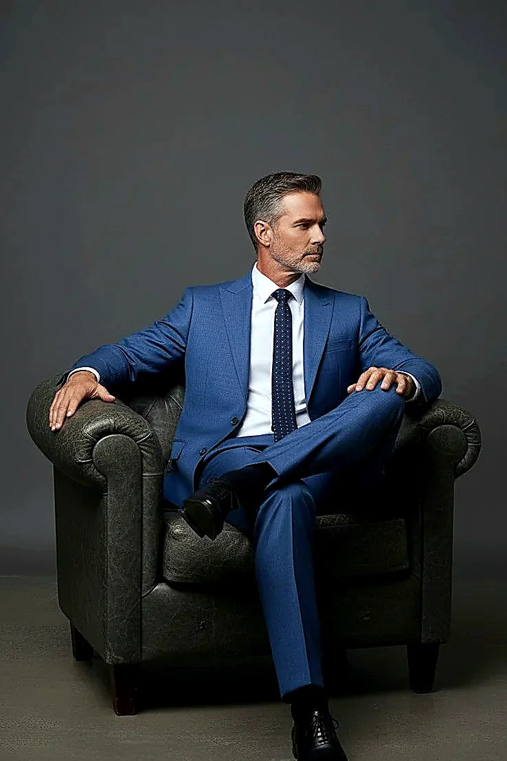 Blue Textured Two-Piece Suit showing textured blue cloth with structured shoulders