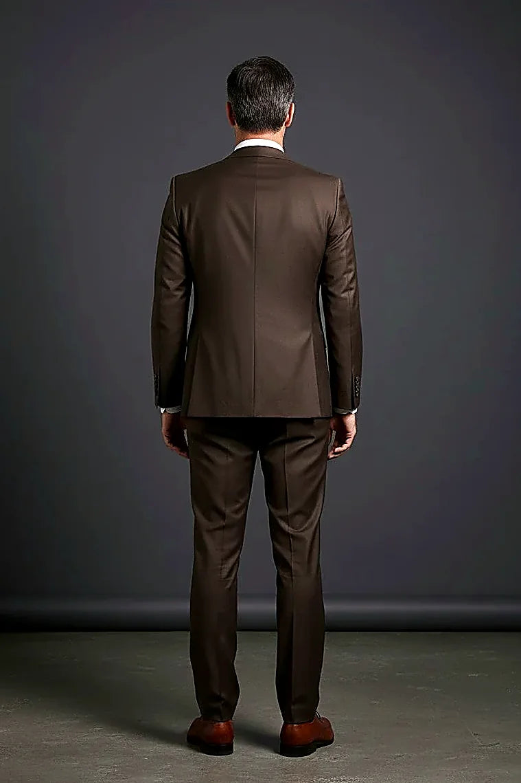 a modern slim brown three-piece with fine finishing, on this brown Three-Piece Suit