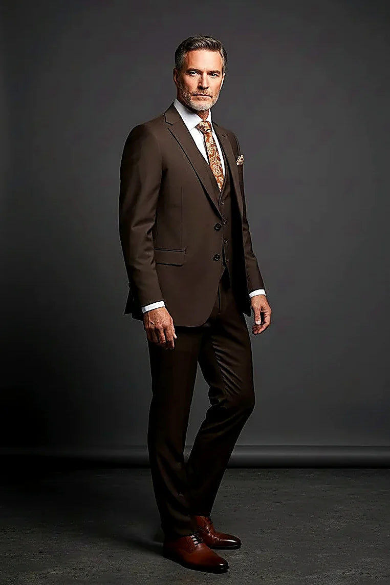 Brown Three-Piece Suit showing a modern slim brown three-piece with fine finishing
