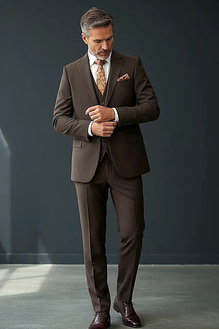 a modern slim brown three-piece with fine finishing