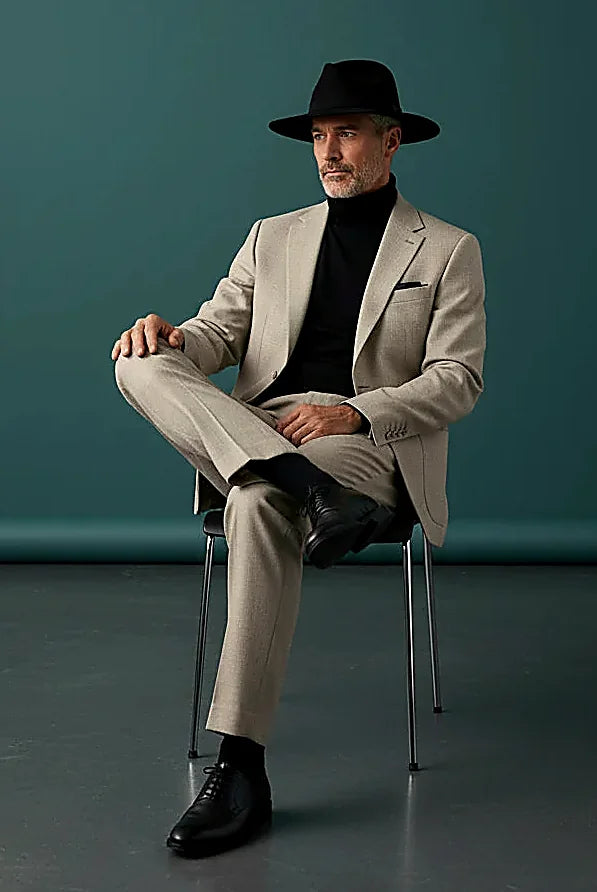 Charcoal and Beige Two-Piece Suit showing smooth solid cloth with a poly twill lining