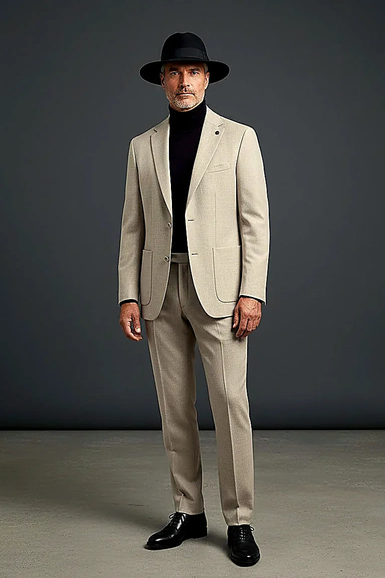 Charcoal and Beige Two-Piece Suit — smooth solid cloth with a poly twill lining