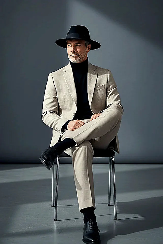 smooth solid cloth with a poly twill lining, on this charcoal and Beige Two-Piece Suit