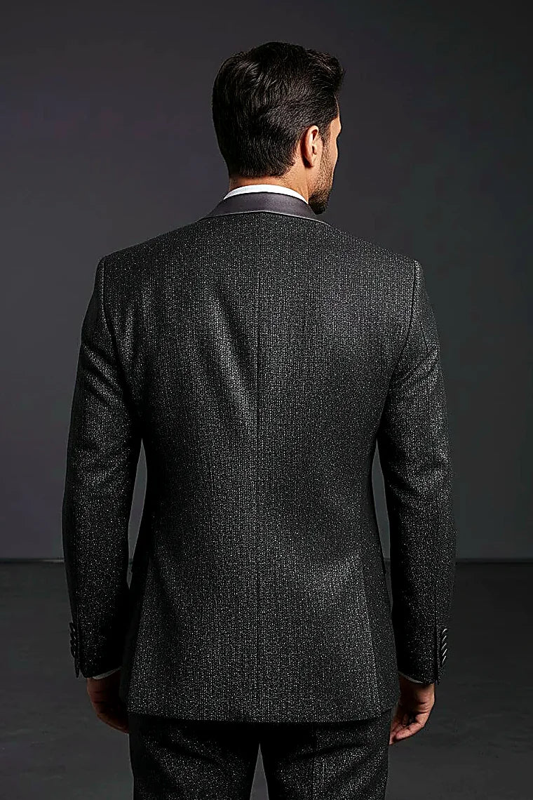 clean structured lines on a classic black formal jacket, on this black Tuxedo Suit
