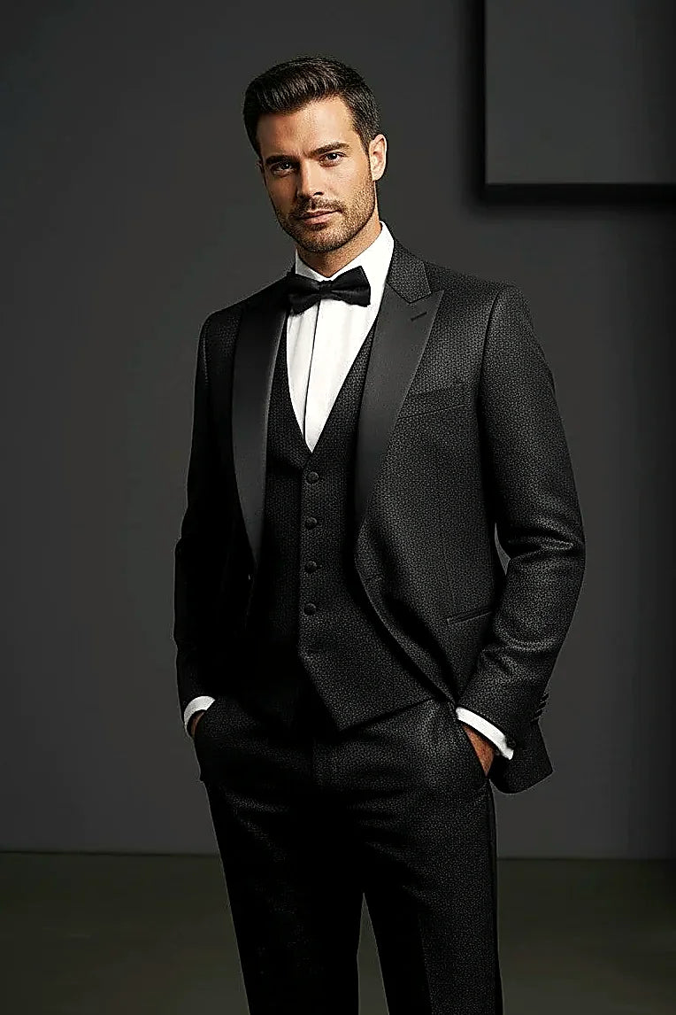 Black Tuxedo Suit showing clean structured lines on a classic black formal jacket