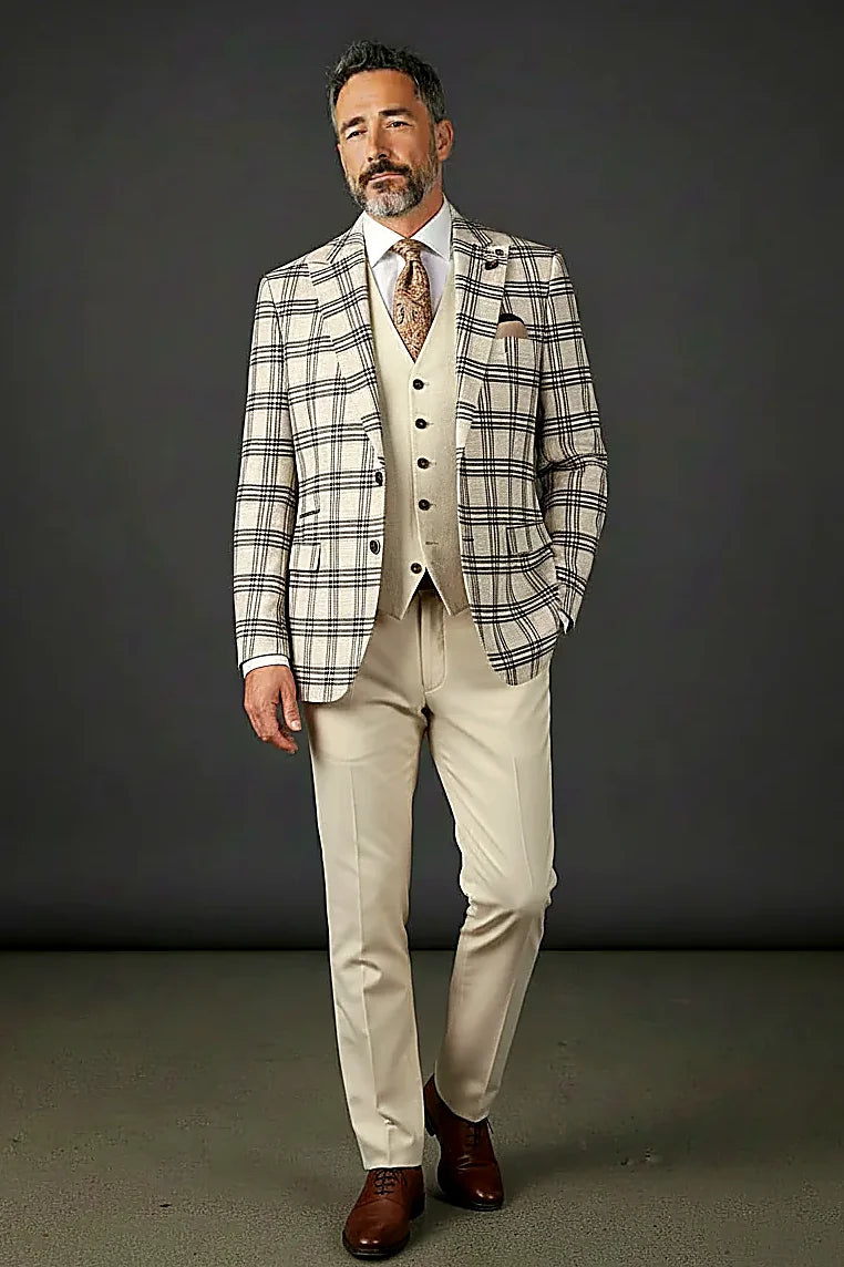 Cream and Black Windowpane Plaid Three-Piece — a cream and black windowpane check with mixed-tone vest buttons