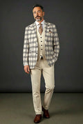 Cream and Black Windowpane Plaid Three-Piece — a cream and black windowpane check with mixed-tone vest buttons