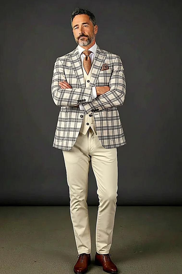 a cream and black windowpane check with mixed-tone vest buttons