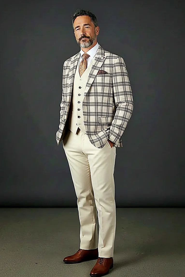 Cream and Black Windowpane Plaid Three-Piece showing a cream and black windowpane check with mixed-tone vest buttons