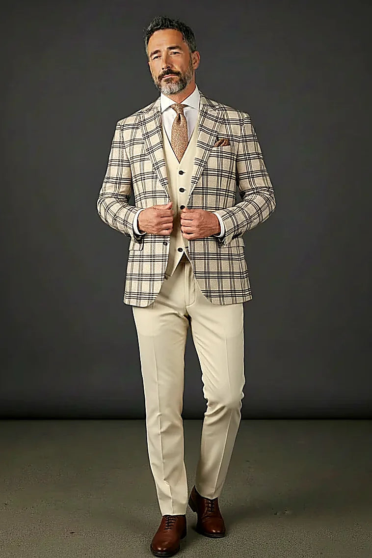 a cream and black windowpane check with mixed-tone vest buttons, on this cream and Black Windowpane Plaid Three-Piece